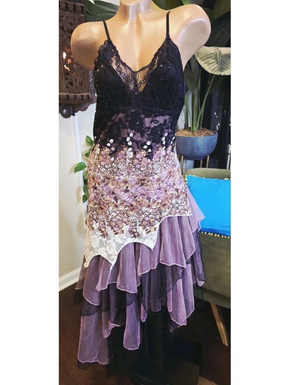 Ever-Pretty Asymmetrical Tiered Lace Chiffon Dress Fairy Whimsigoth Festival S